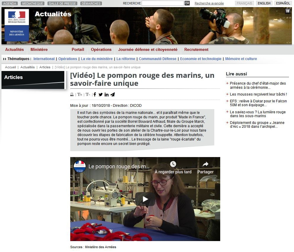 Reportage sur le pompon des marins en une du site du Ministère des Armées.