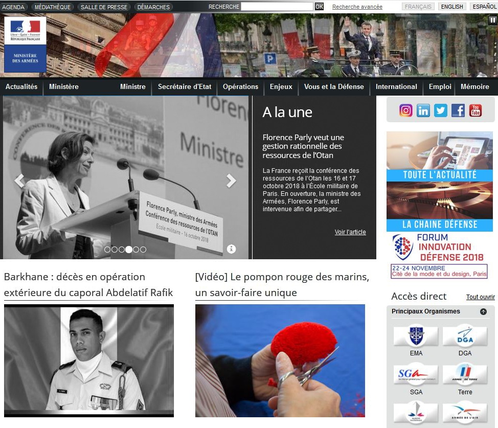 Reportage sur le pompon des marins en une du site du Ministère des Armées.